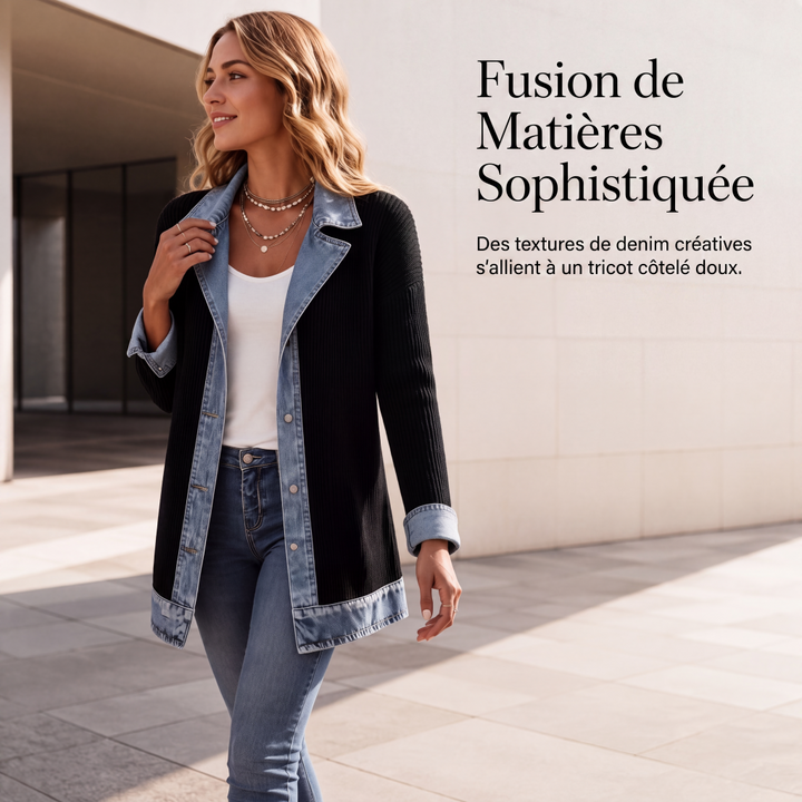 Veste longue femme en maille côtelée à revers en denim – Camille - vue 3