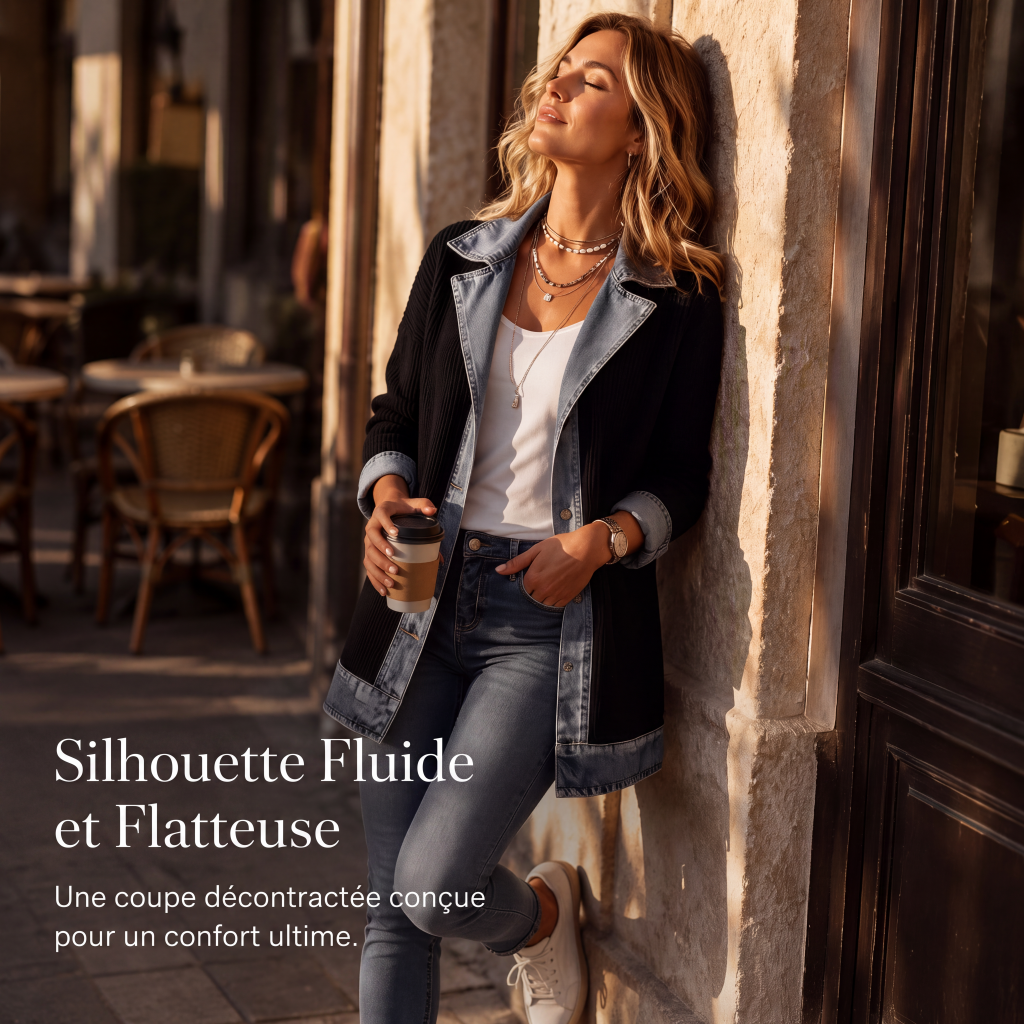 Veste longue femme en maille côtelée à revers en denim – Camille - vue 4