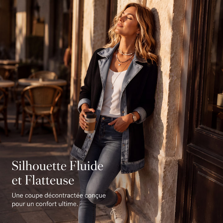 Veste longue femme en maille côtelée à revers en denim – Camille - vue 4
