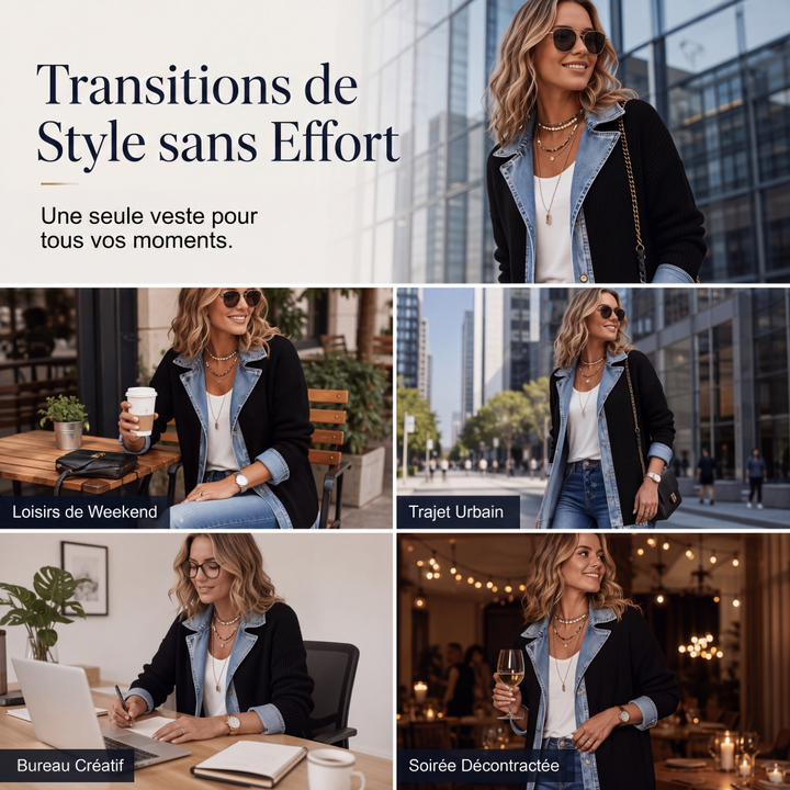 Veste longue femme en maille côtelée à revers en denim – Camille - vue 5