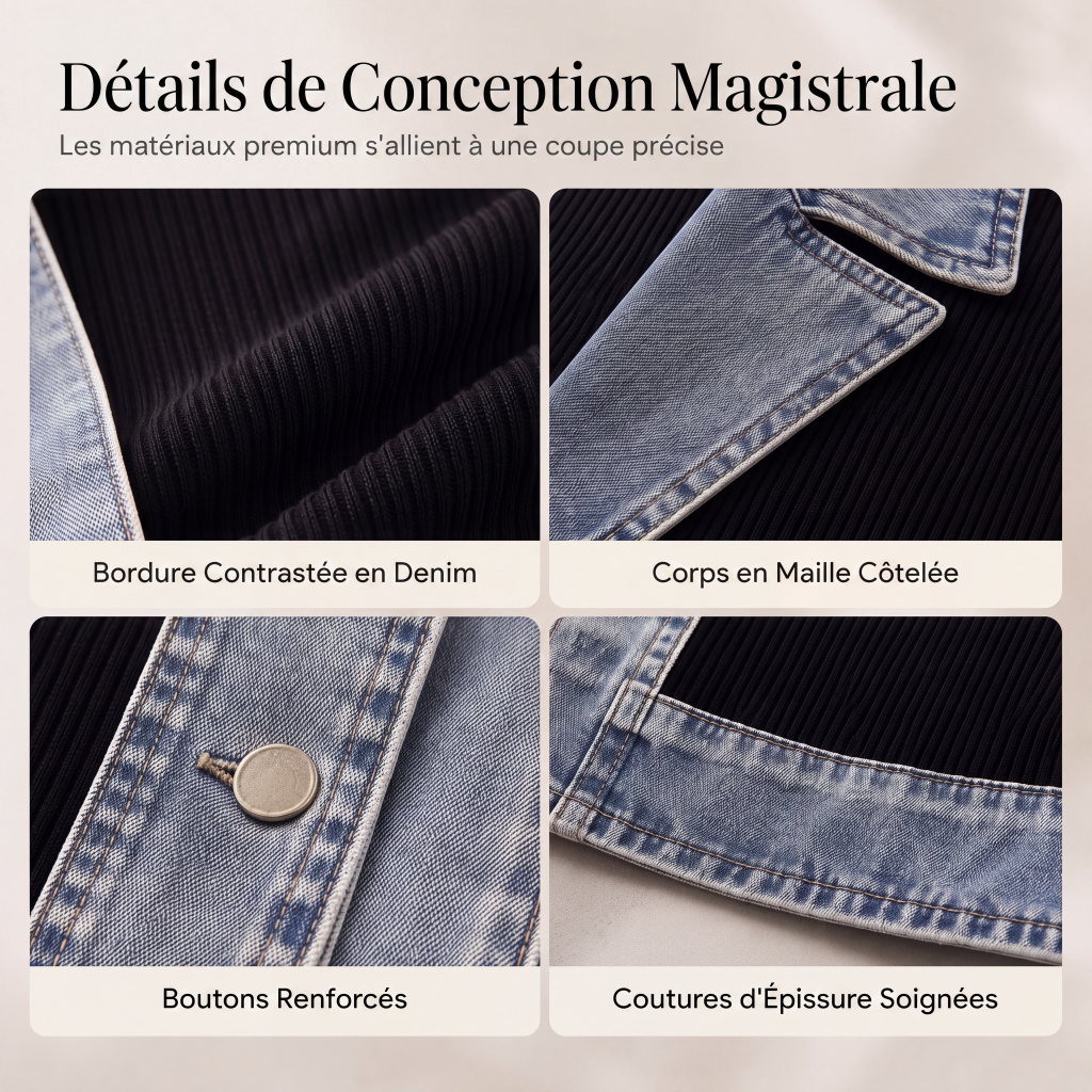 Veste longue femme en maille côtelée à revers en denim – Camille - vue 6