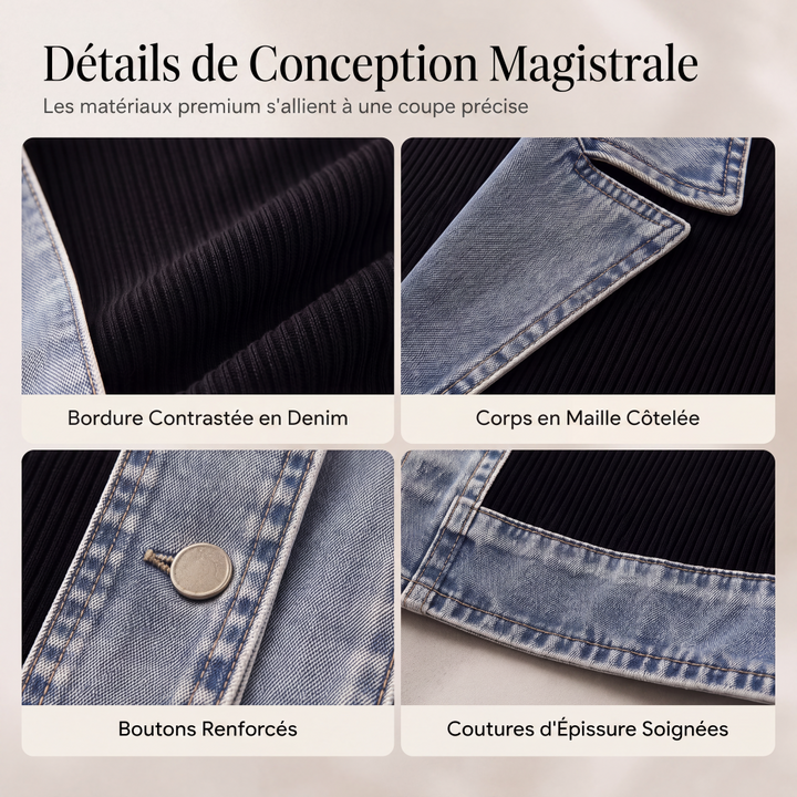 Veste longue femme en maille côtelée à revers en denim – Camille - vue 6