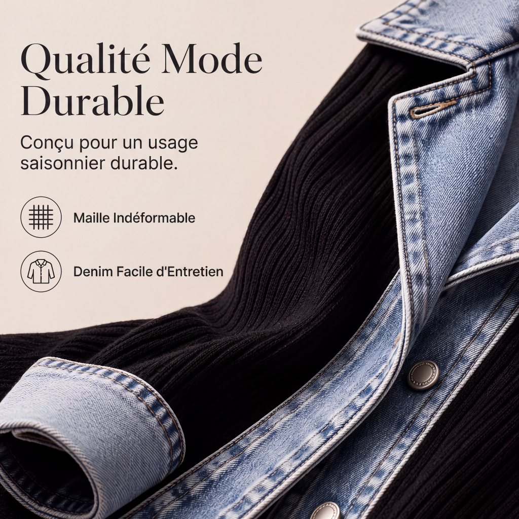 Veste longue femme en maille côtelée à revers en denim – Camille - vue 7