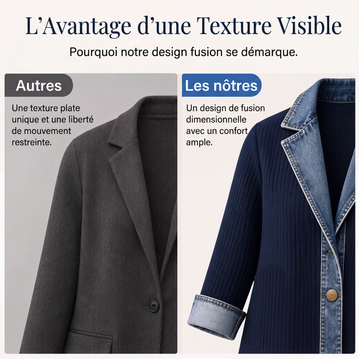 Veste longue femme en maille côtelée à revers en denim – Camille - vue 9
