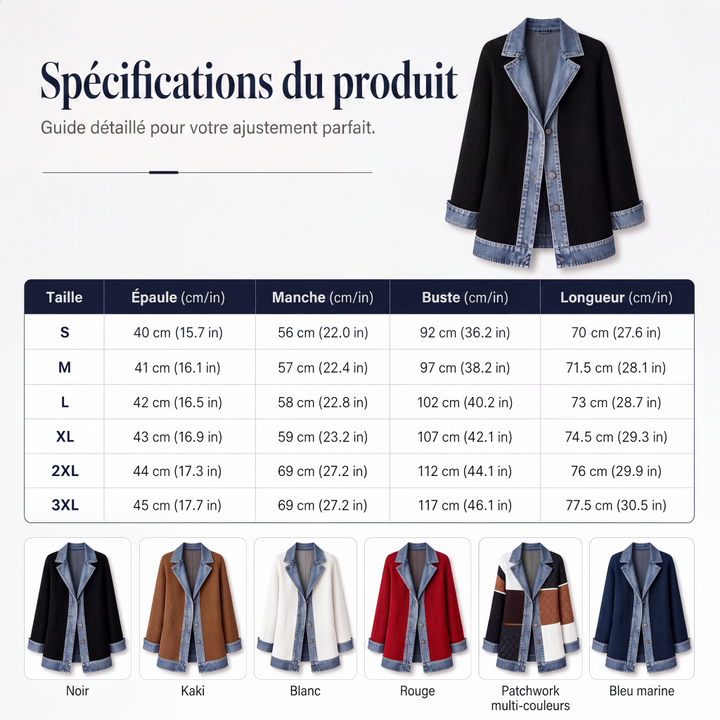 Veste longue femme en maille côtelée à revers en denim – Camille - vue 10