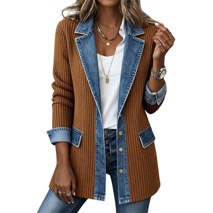 Veste longue femme en maille côtelée à revers en denim – Camille - Kaki
