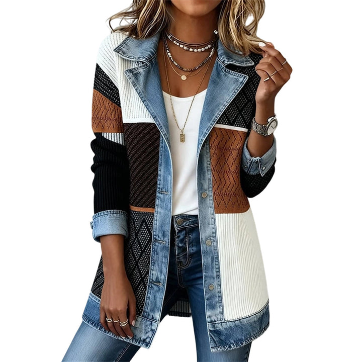 Veste longue femme en maille côtelée à revers en denim – Camille - Bicolore