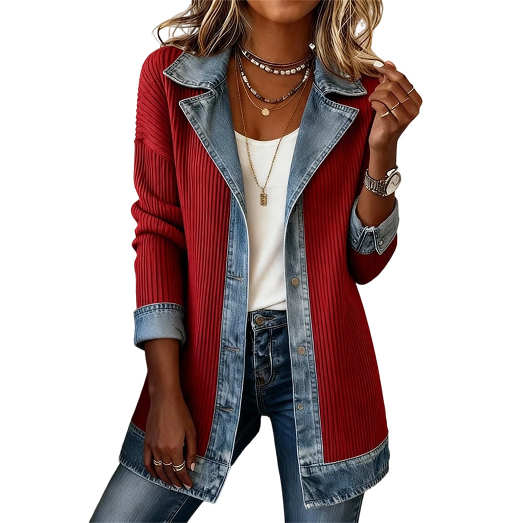 Veste longue femme en maille côtelée à revers en denim – Camille - Rouge