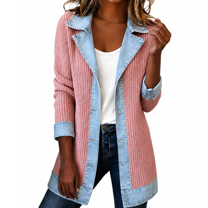 Veste longue femme en maille côtelée à revers en denim – Camille - Rose