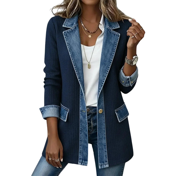 Veste longue femme en maille côtelée à revers en denim – Camille - Bleu marine
