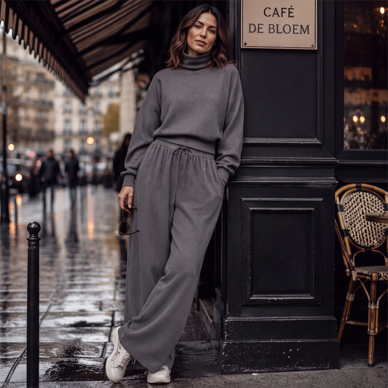 Ensemble femme pull col roulé et pantalon large en maille douce – Sophie - vue 3