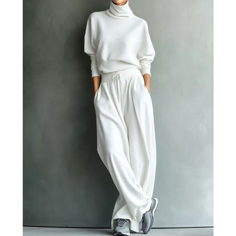 Ensemble femme pull col roulé et pantalon large en maille douce – Sophie - Blanc