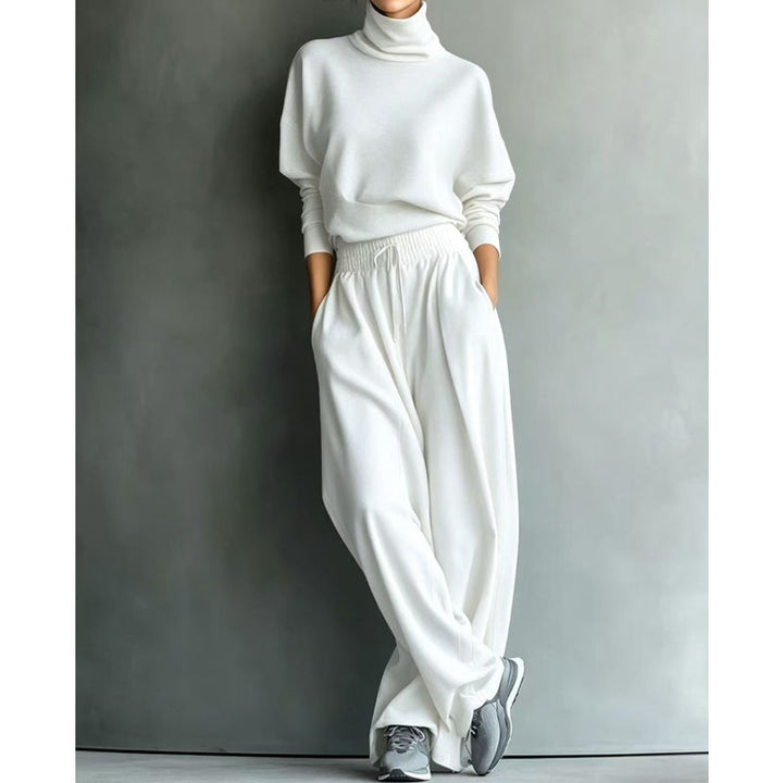 Ensemble femme pull col roulé et pantalon large en maille douce – Sophie - Blanc