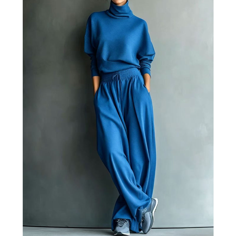 Ensemble femme pull col roulé et pantalon large en maille douce – Sophie - Bleu