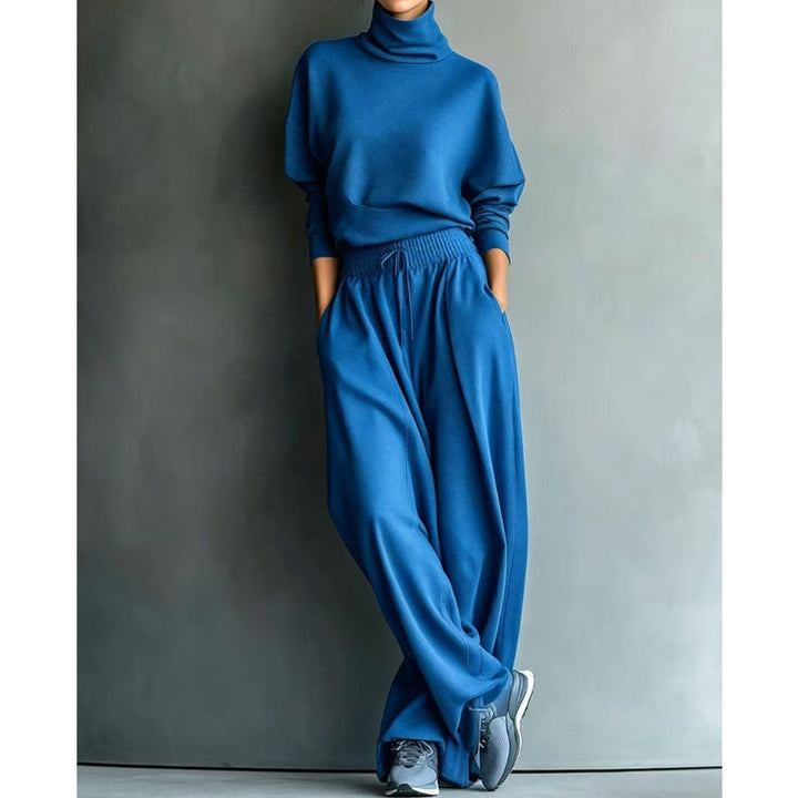 Ensemble femme pull col roulé et pantalon large en maille douce – Sophie - Bleu