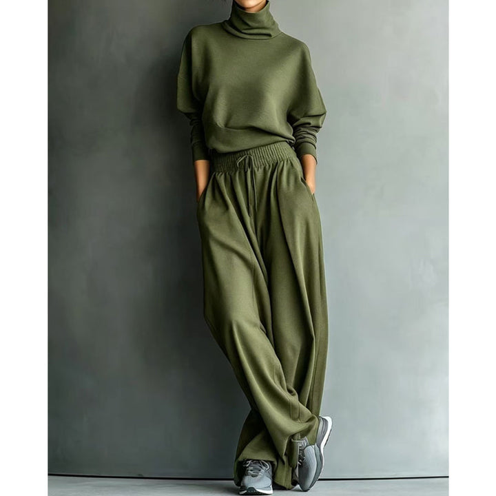 Ensemble femme pull col roulé et pantalon large en maille douce – Sophie - Vert militaire