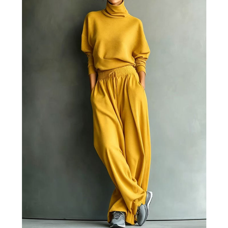 Ensemble femme pull col roulé et pantalon large en maille douce – Sophie - Jaune