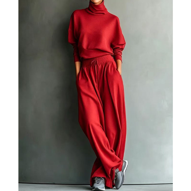 Ensemble femme pull col roulé et pantalon large en maille douce – Sophie - Rouge foncé