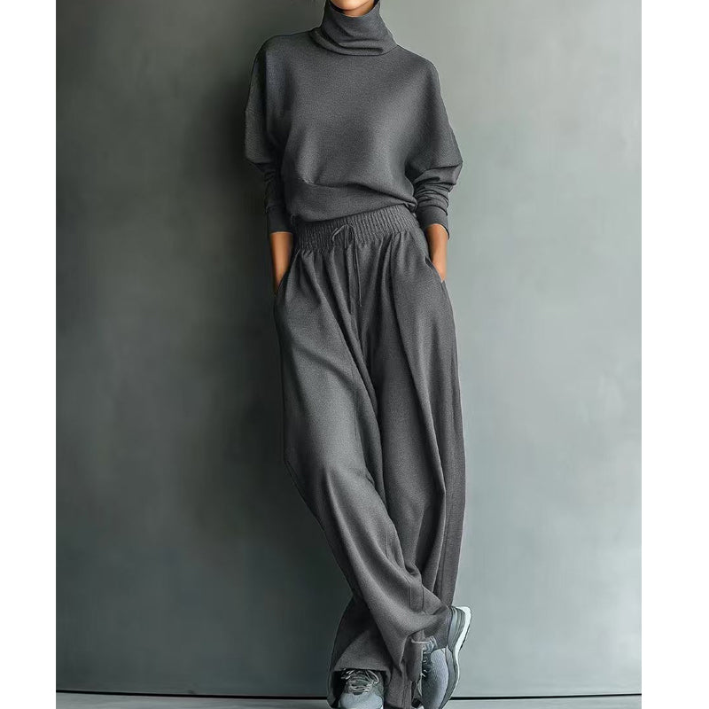 Ensemble femme pull col roulé et pantalon large en maille douce – Sophie - Gris