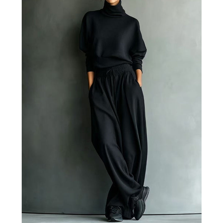 Ensemble femme pull col roulé et pantalon large en maille douce – Sophie - Noir