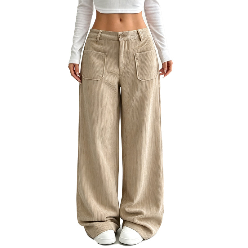 Pantalon large femme en velours côtelé taille haute – Juliette - Abricot