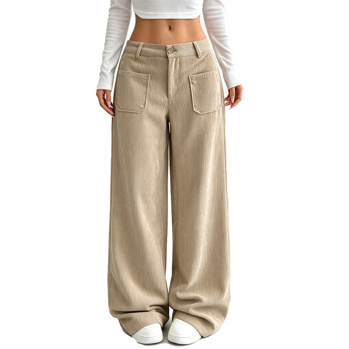 Pantalon large femme en velours côtelé taille haute – Juliette - Abricot