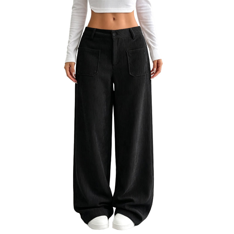 Pantalon large femme en velours côtelé taille haute – Juliette - Noir
