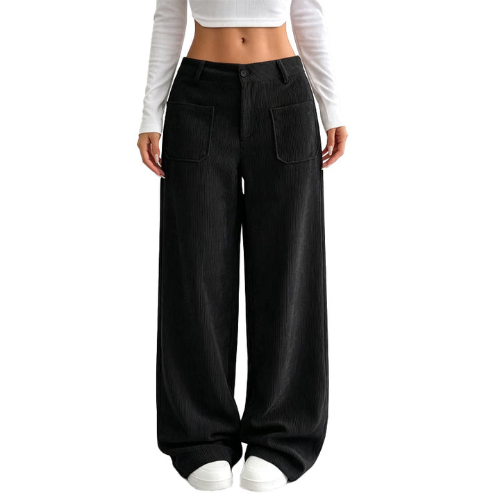Pantalon large femme en velours côtelé taille haute – Juliette - Noir