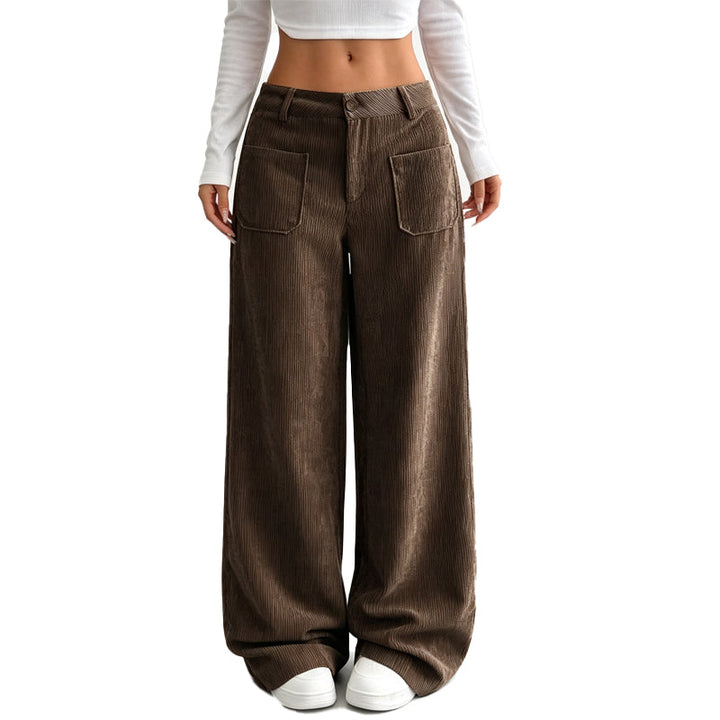Pantalon large femme en velours côtelé taille haute – Juliette - Café