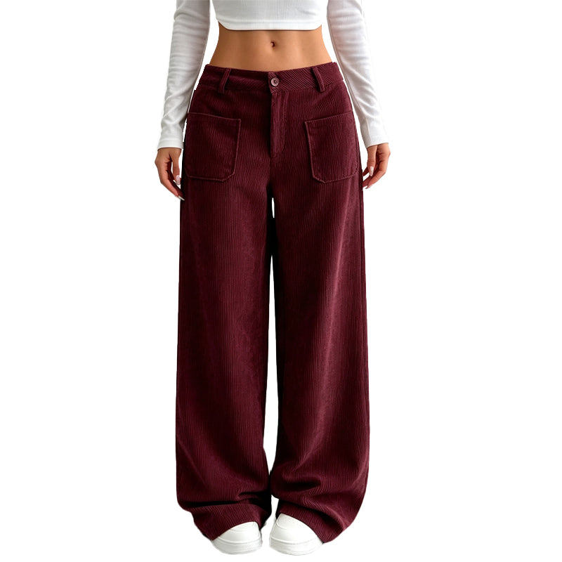 Pantalon large femme en velours côtelé taille haute – Juliette - Bordeaux