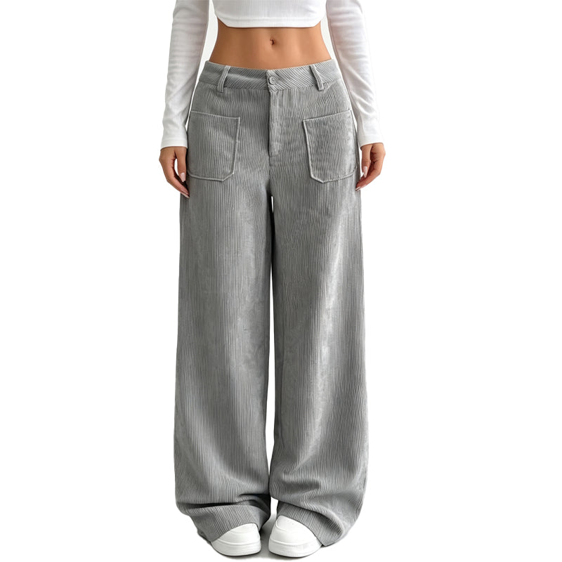 Pantalon large femme en velours côtelé taille haute – Juliette - Gris