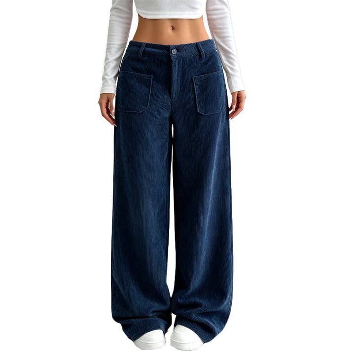 Pantalon large femme en velours côtelé taille haute – Juliette - Bleu foncé