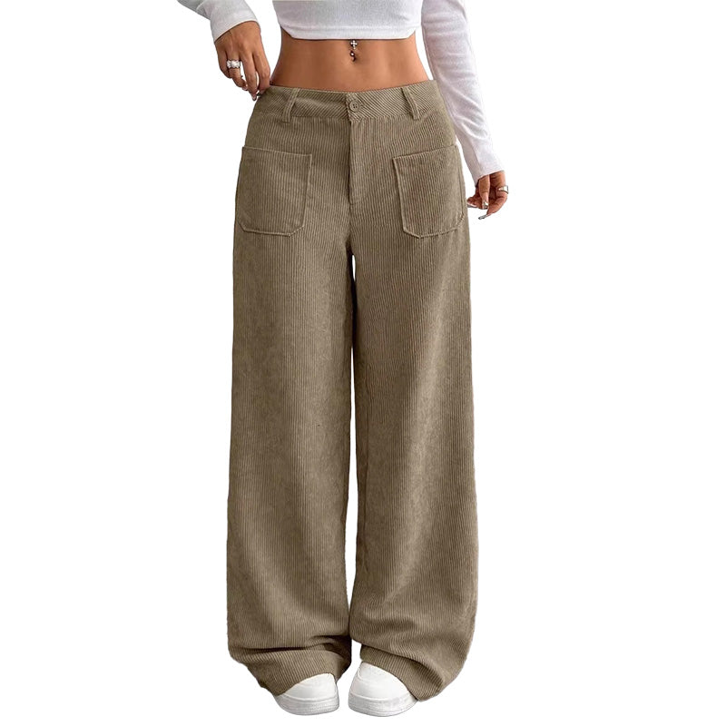 Pantalon large femme en velours côtelé taille haute – Juliette - Kaki