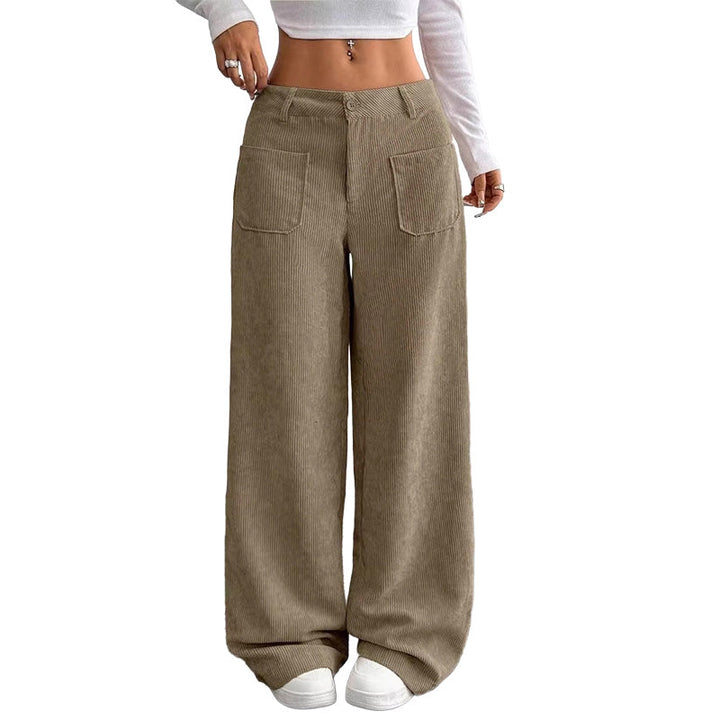 Pantalon large femme en velours côtelé taille haute – Juliette - Kaki