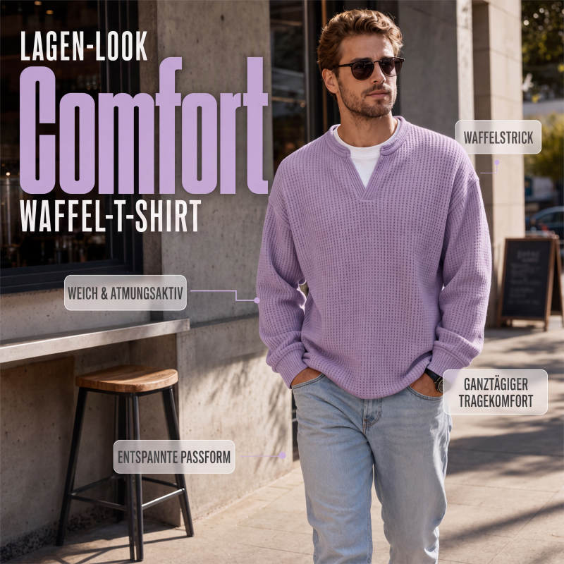 Pull homme en maille gaufrée effet superposé à col fendu – Victor - vue 1