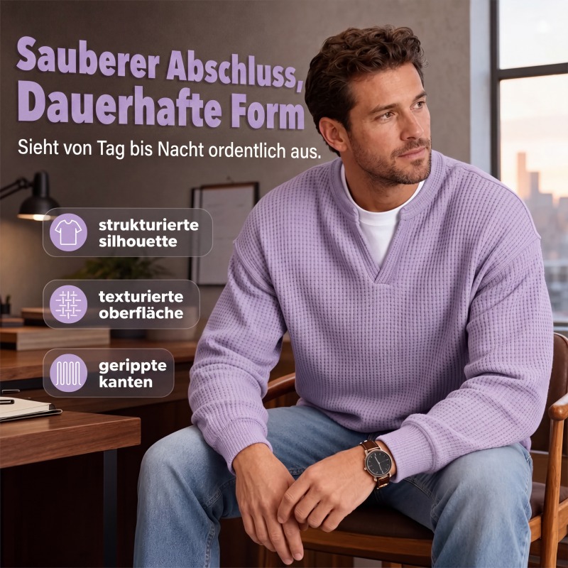 Pull homme en maille gaufrée effet superposé à col fendu – Victor - vue 6