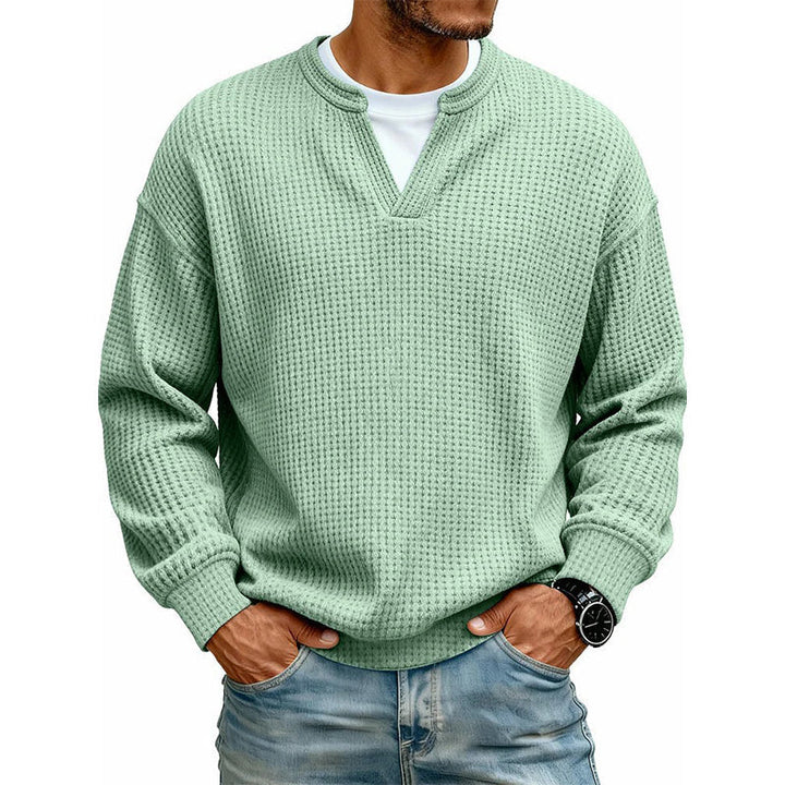 Pull homme en maille gaufrée effet superposé à col fendu – Victor - Vert clair