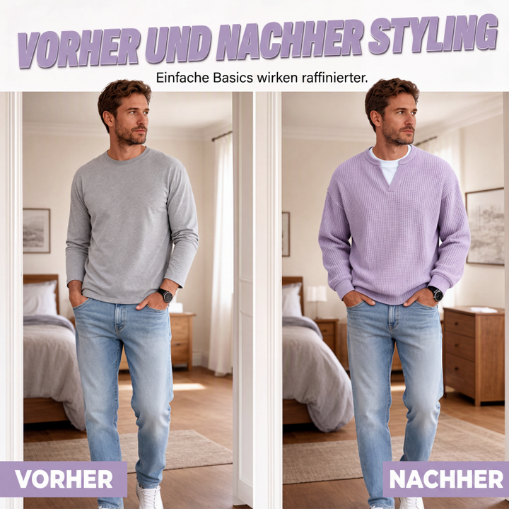 Pull homme en maille gaufrée effet superposé à col fendu – Victor - vue 2