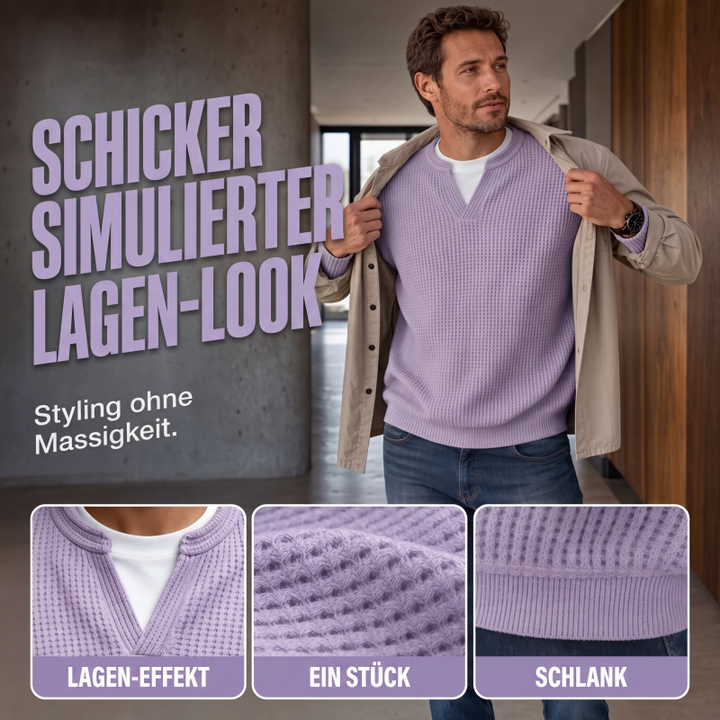 Pull homme en maille gaufrée effet superposé à col fendu – Victor - vue 4
