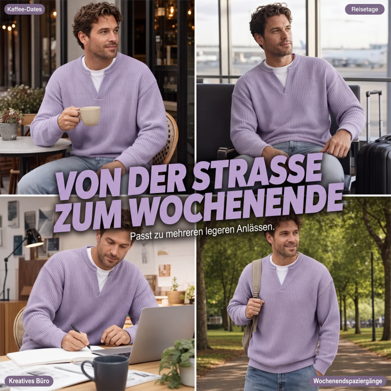 Pull homme en maille gaufrée effet superposé à col fendu – Victor - vue 7