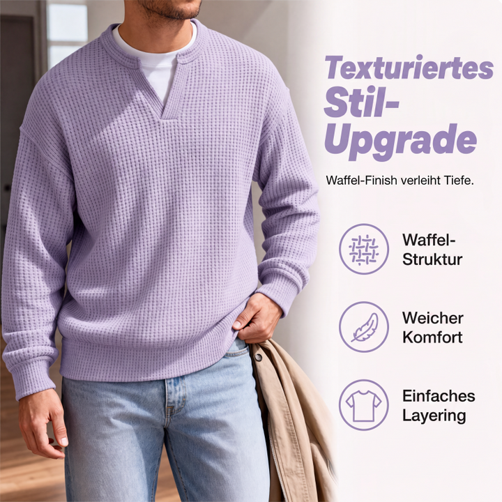 Pull homme en maille gaufrée effet superposé à col fendu – Victor - vue 3