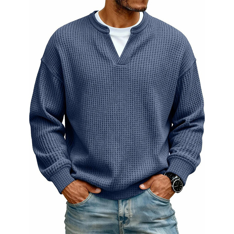 Pull homme en maille gaufrée effet superposé à col fendu – Victor - Bleu marine