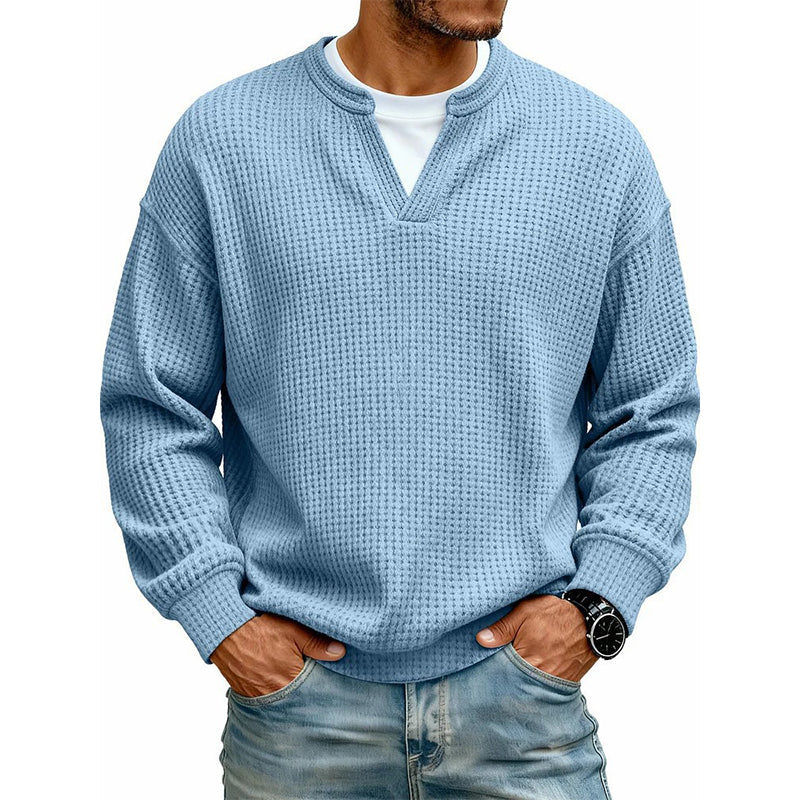 Pull homme en maille gaufrée effet superposé à col fendu – Victor - Bleu ciel