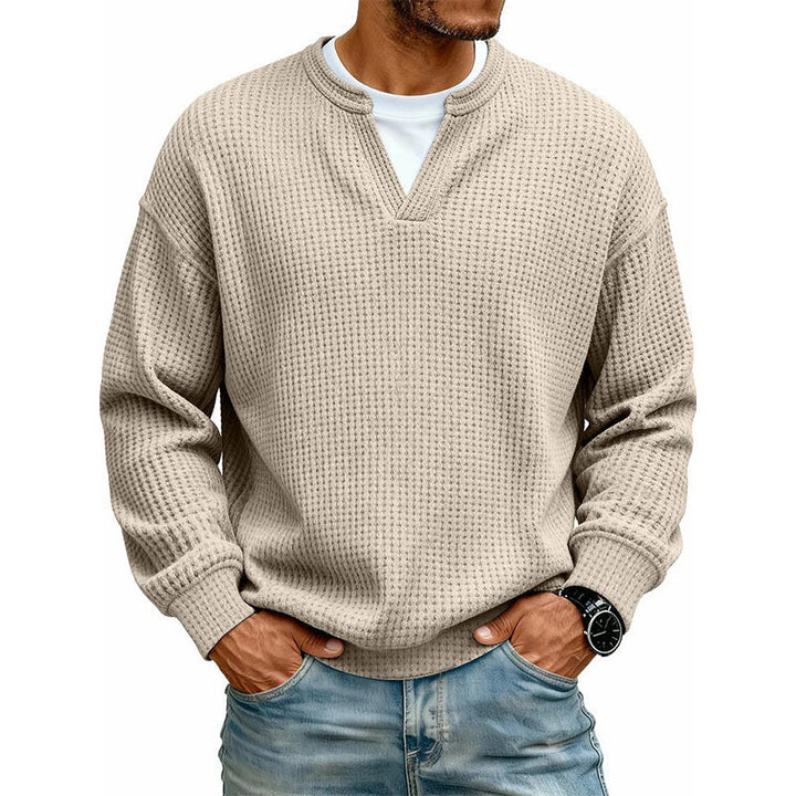 Pull homme en maille gaufrée effet superposé à col fendu – Victor - Abricot