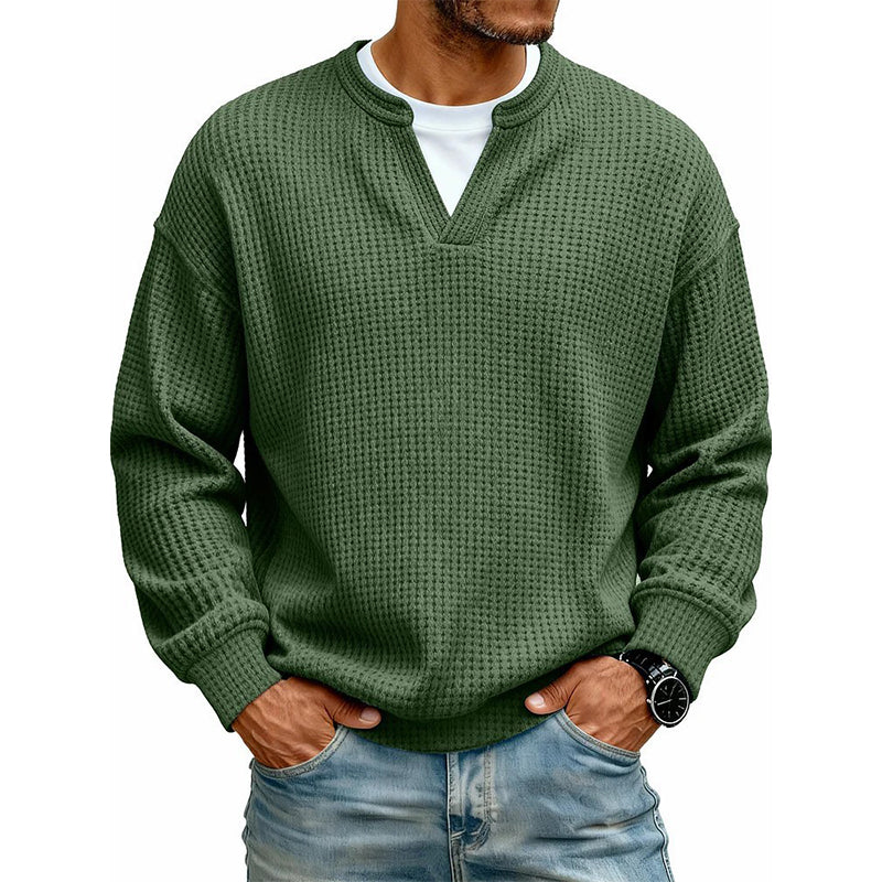 Pull homme en maille gaufrée effet superposé à col fendu – Victor - Olive