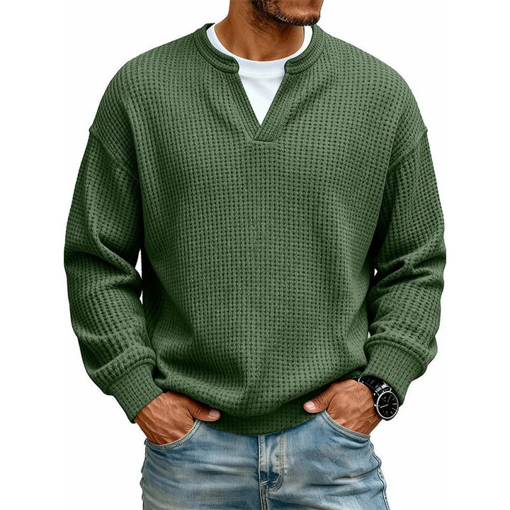 Pull homme en maille gaufrée effet superposé à col fendu – Victor - Olive