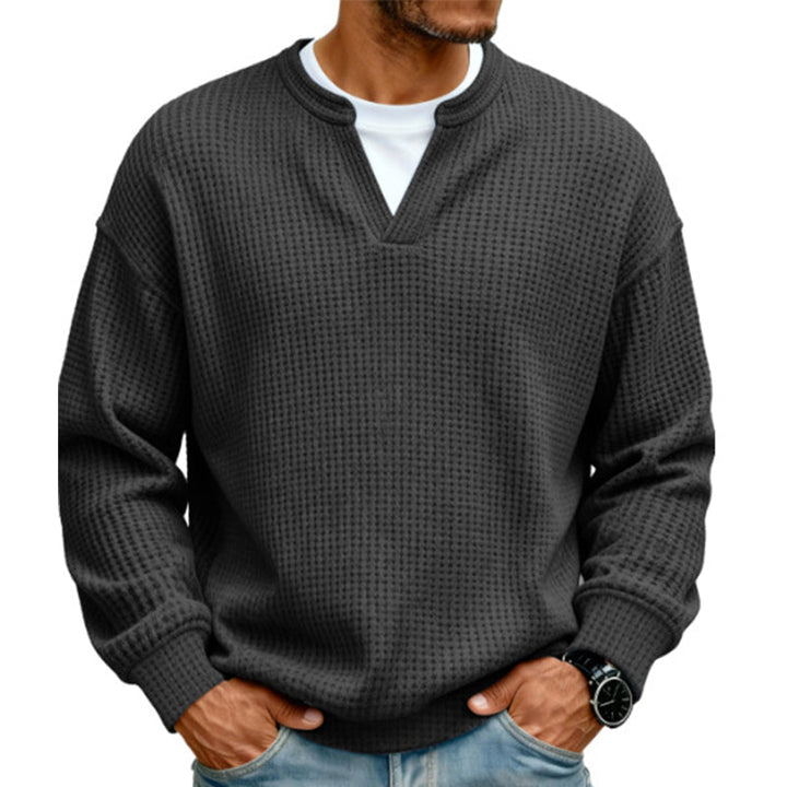 Pull homme en maille gaufrée effet superposé à col fendu – Victor - Noir