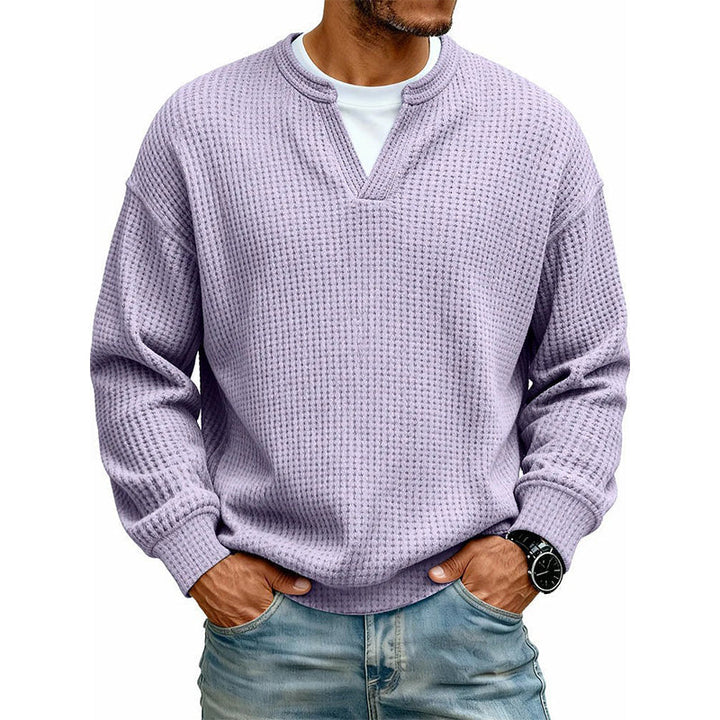 Pull homme en maille gaufrée effet superposé à col fendu – Victor - Lavande