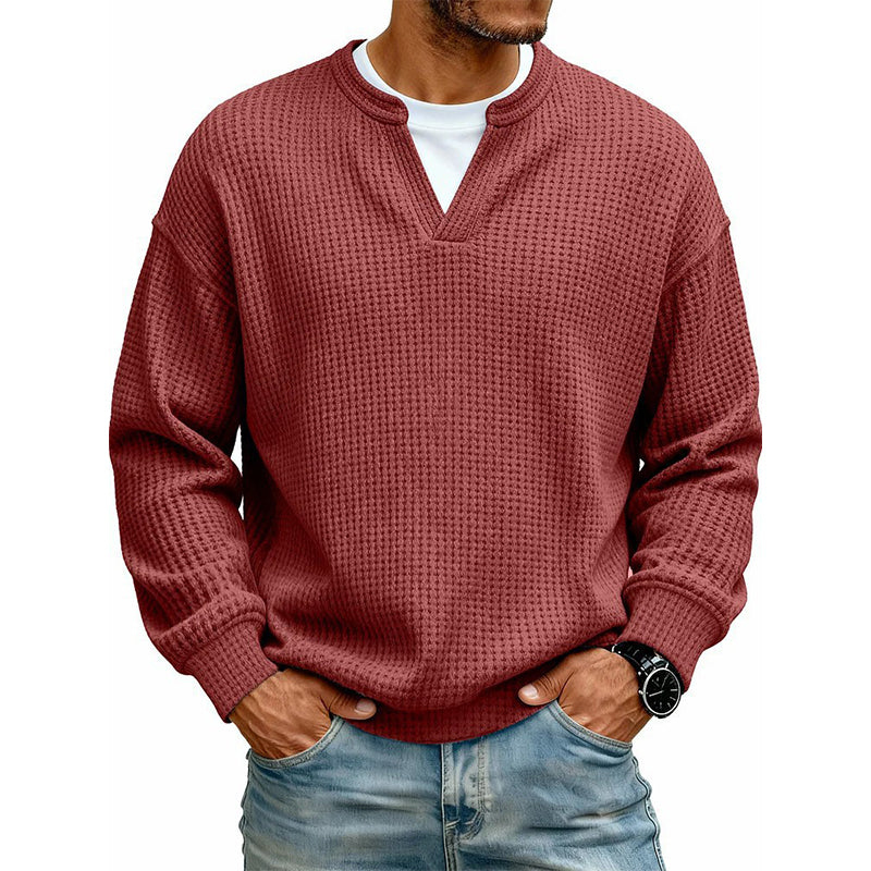 Pull homme en maille gaufrée effet superposé à col fendu – Victor - Rouge foncé