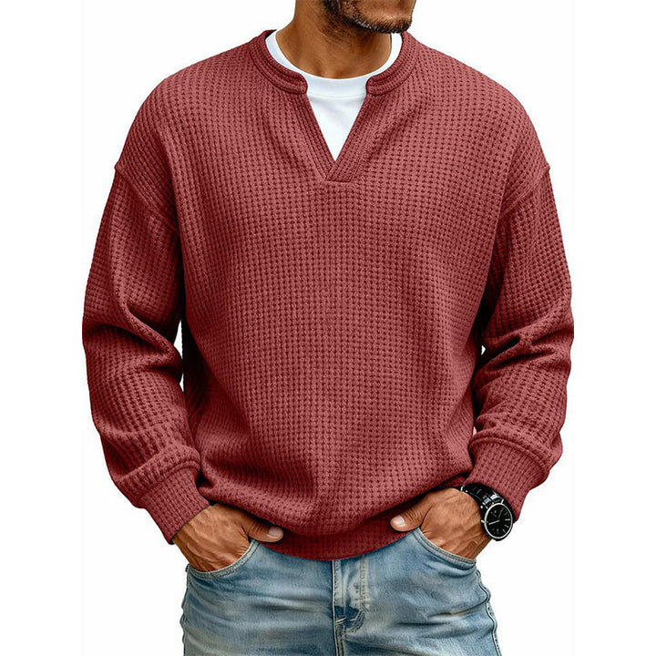 Pull homme en maille gaufrée effet superposé à col fendu – Victor - Rouge foncé